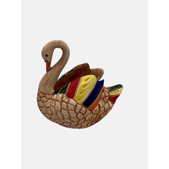 Handcrafted Ceramic Swan Miniature Planter Figurine With Multicolored Wings 4" - Picture 1 of 5